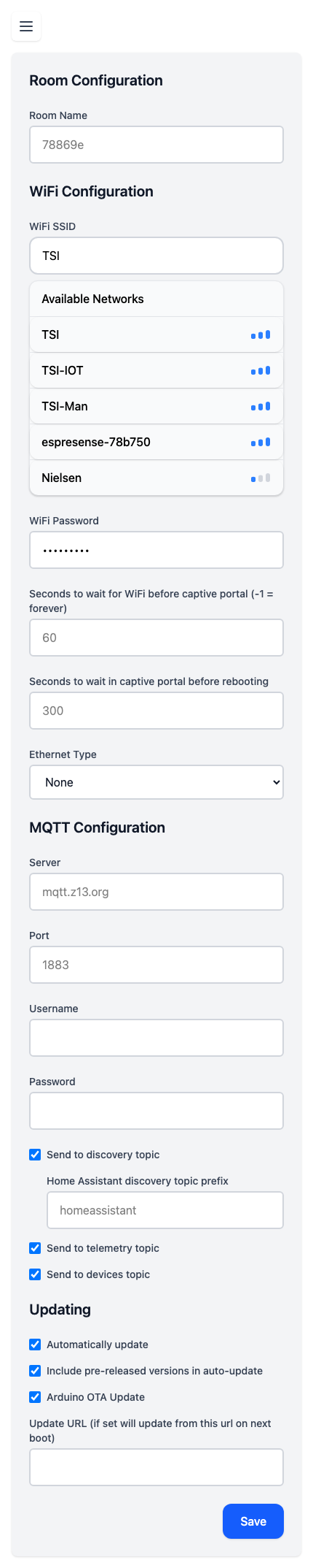 Screenshot of ESP32 initial settings interface
